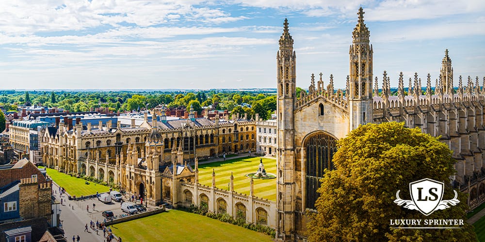 High-angle view of the city of Cambridge, UK, highlighting historic architecture and university landmarks.