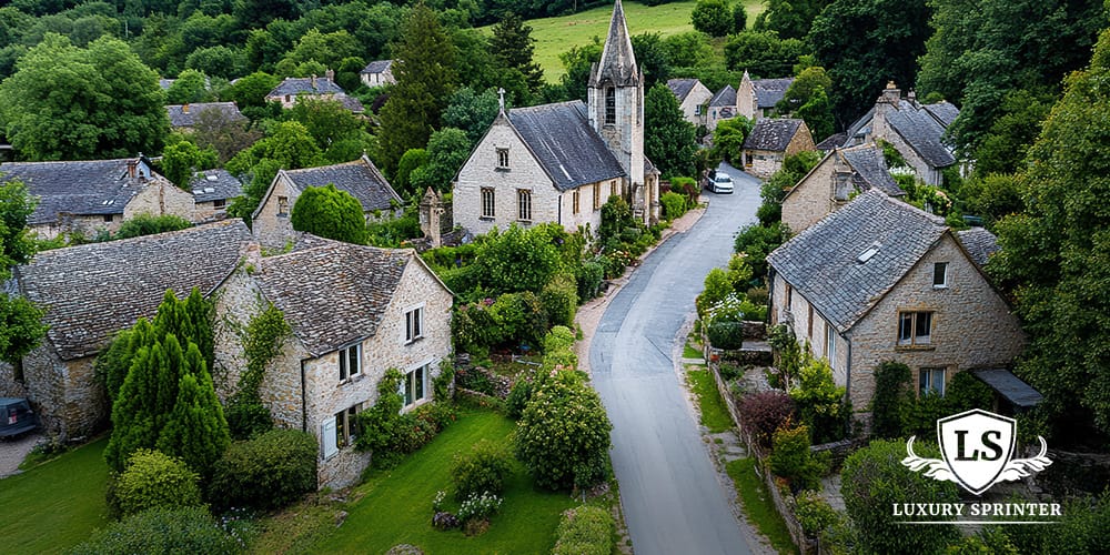 Aerial view of a traditional village in the Cotswolds, UK, featuring stone houses and surrounding countryside.