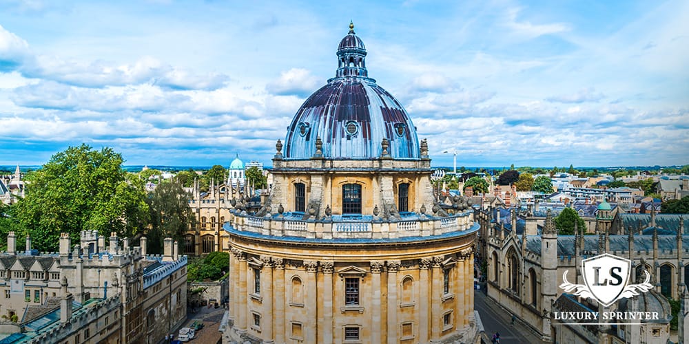 All Souls College at the University of Oxford, featuring its iconic spires and historic stone buildings.