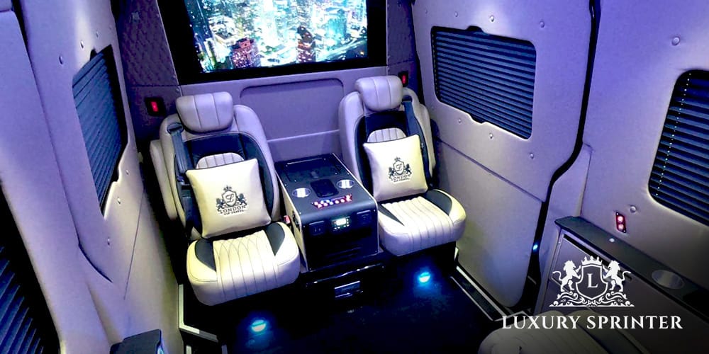Jet-Class 6-seater Mercedes Sprinter showcasing premium captain seats, sleek interior finishes, and executive-level comfort features.