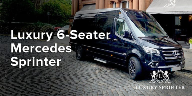 6-seater Mercedes Sprinter showcasing premium captain seats, sleek interior finishes, and executive-level comfort features.