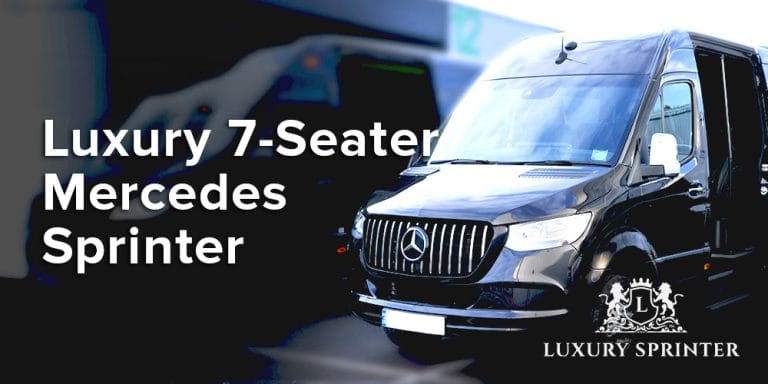 Mercedes Sprinter 7-seater luxury van with tinted windows and premium interior setup parked in an upscale location.