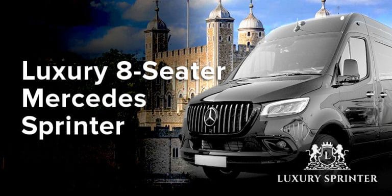 Luxury 8-seater Mercedes Sprinter with plush interior, ambient lighting, and executive seating for elite travel.