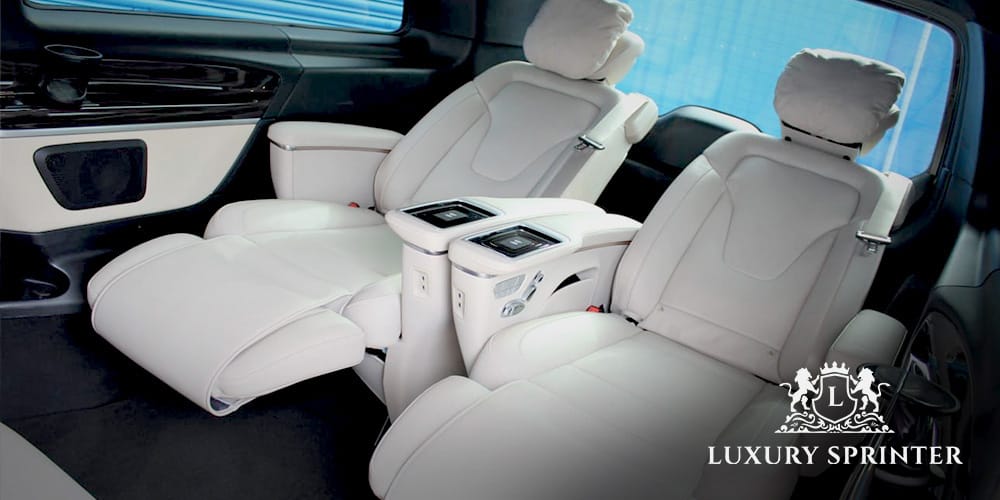 Spacious and luxurious interior of the Mercedes V-Class, showcasing premium seating and comfort features.