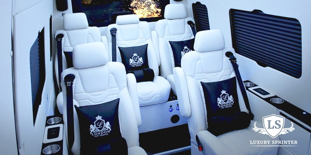 Luxury Monaco-crafted Mercedes Sprinter with custom leather interior, ambient lighting, and executive seating.
